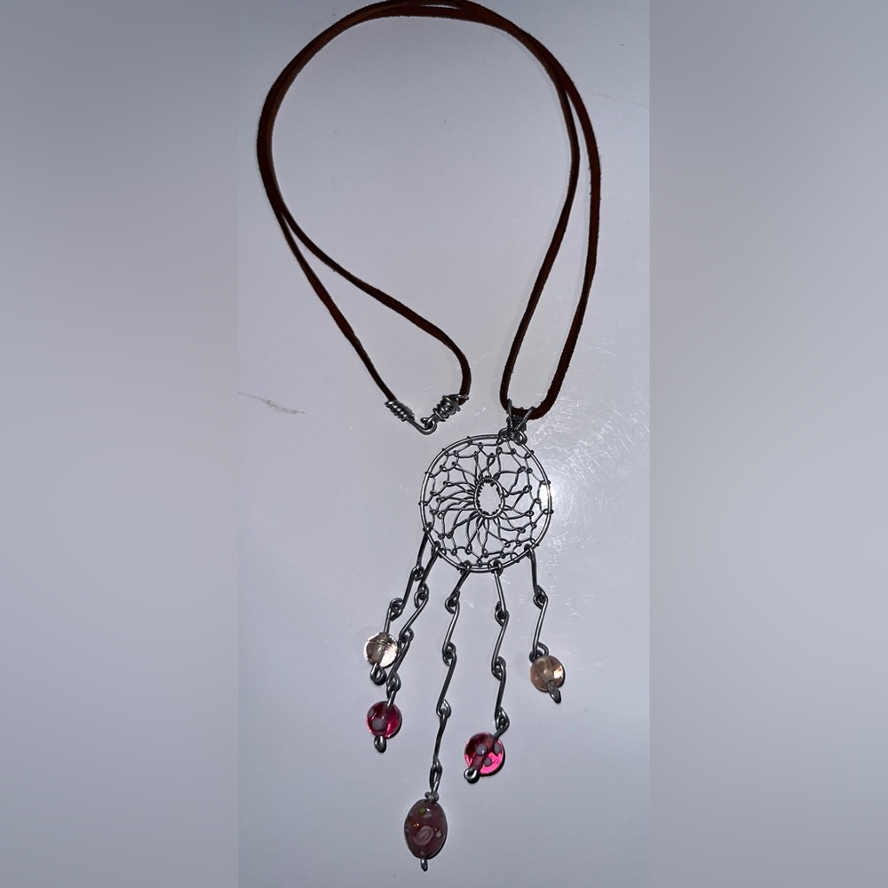 20inch Sunflower Dream Catcher necklace with leather chain Handmade pink beads